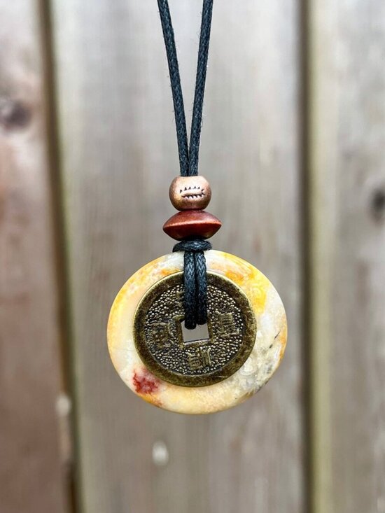 Artisan Jewelry - Crazy Lace Agate Lucky Coin Pendant Necklace Yellow | Handmade